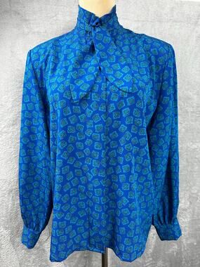 Vintage 70s Country Sophisticates by Pendleton Blue Tie Bow Blouse Retro - 14